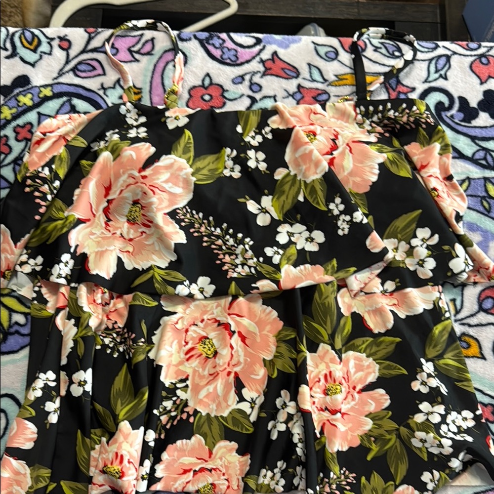 Floral Black swim top with Pink and Green Accents